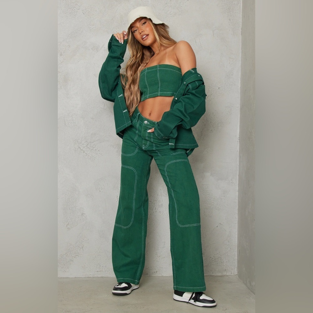PRETTYLITTLETHING FOREST GREEN CONTRAST STICH WIDE LEG JEAN SIZE 4